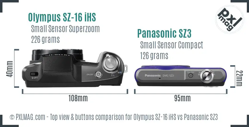 Olympus SZ-16 iHS vs Panasonic SZ3 top view buttons comparison