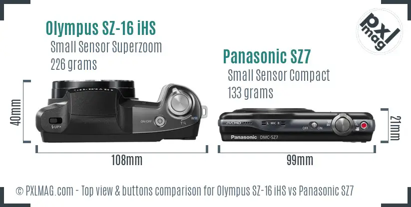 Olympus SZ-16 iHS vs Panasonic SZ7 top view buttons comparison