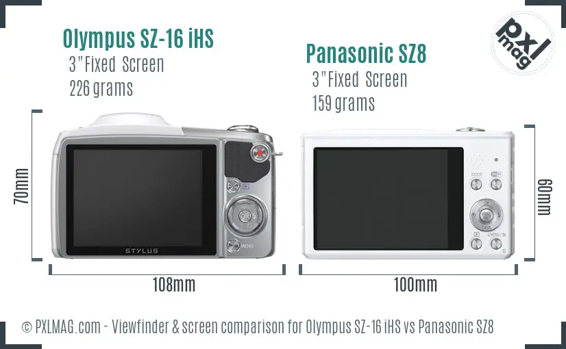 Olympus SZ-16 iHS vs Panasonic SZ8 Screen and Viewfinder comparison