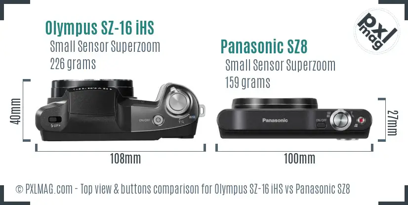 Olympus SZ-16 iHS vs Panasonic SZ8 top view buttons comparison
