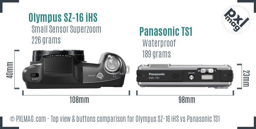 Olympus SZ-16 iHS vs Panasonic TS1 top view buttons comparison
