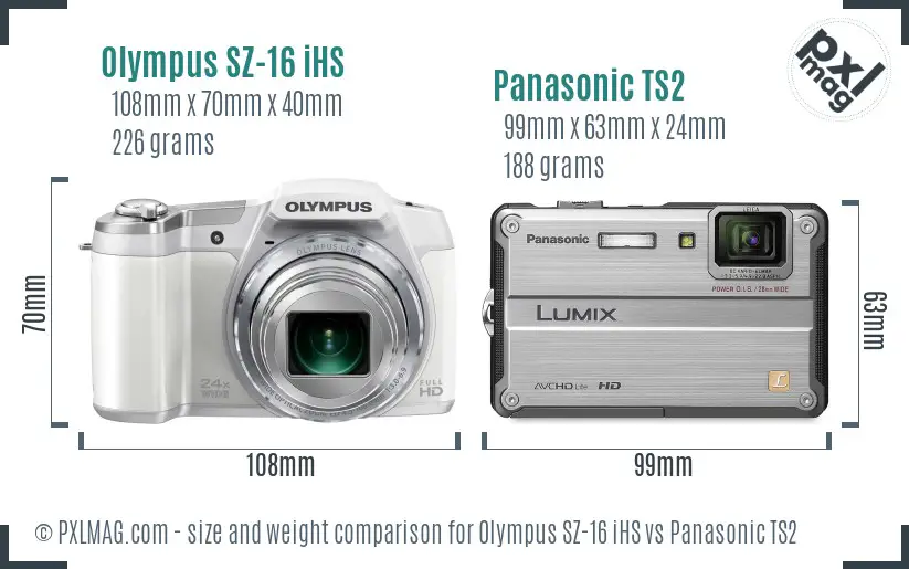 Olympus SZ-16 iHS vs Panasonic TS2 size comparison
