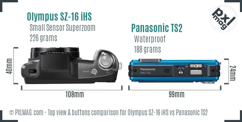 Olympus SZ-16 iHS vs Panasonic TS2 top view buttons comparison