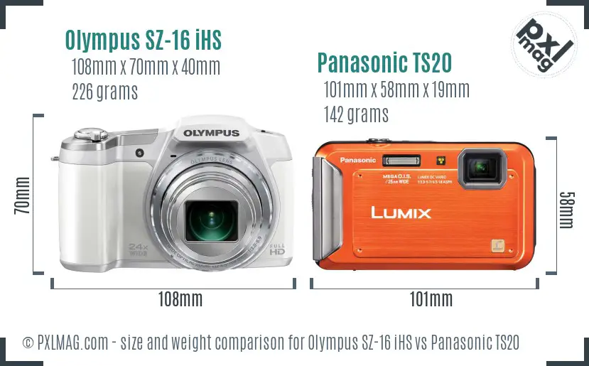 Olympus SZ-16 iHS vs Panasonic TS20 size comparison