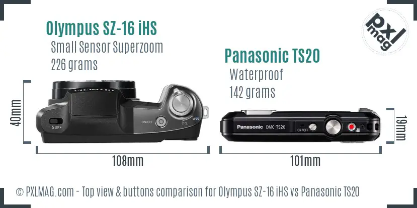 Olympus SZ-16 iHS vs Panasonic TS20 top view buttons comparison