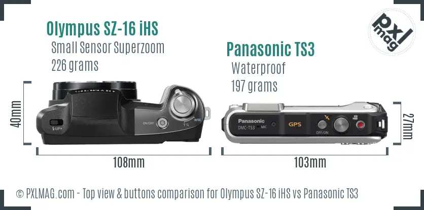 Olympus SZ-16 iHS vs Panasonic TS3 top view buttons comparison Olympus SZ-16 iHS vs Panasonic TS3 top view buttons comparison