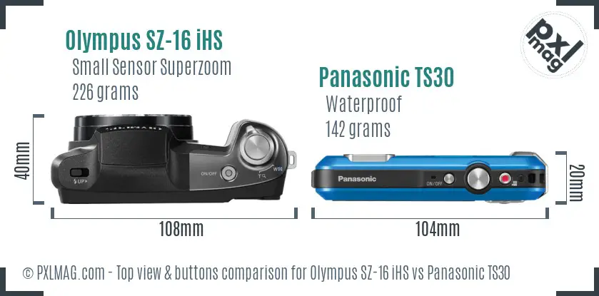 Olympus SZ-16 iHS vs Panasonic TS30 top view buttons comparison