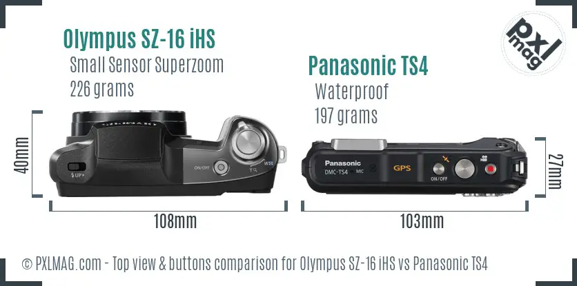 Olympus SZ-16 iHS vs Panasonic TS4 top view buttons comparison