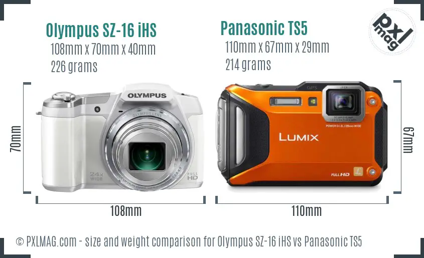 Olympus SZ-16 iHS vs Panasonic TS5 size comparison