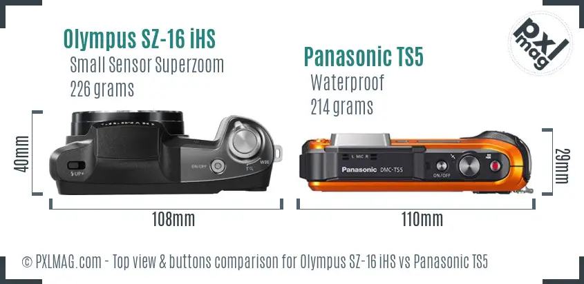 Olympus SZ-16 iHS vs Panasonic TS5 top view buttons comparison