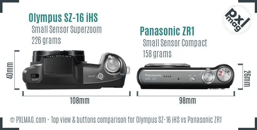 Olympus SZ-16 iHS vs Panasonic ZR1 top view buttons comparison