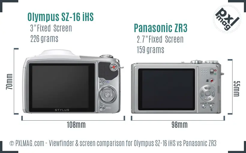 Olympus SZ-16 iHS vs Panasonic ZR3 Screen and Viewfinder comparison