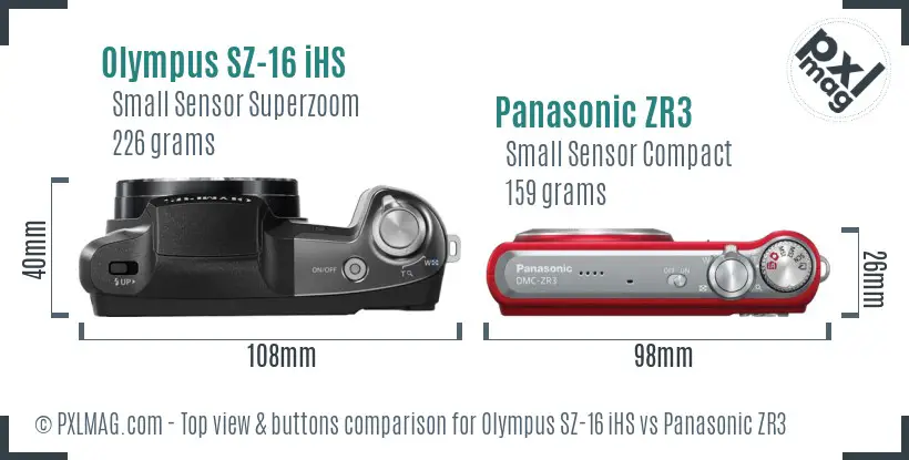 Olympus SZ-16 iHS vs Panasonic ZR3 top view buttons comparison