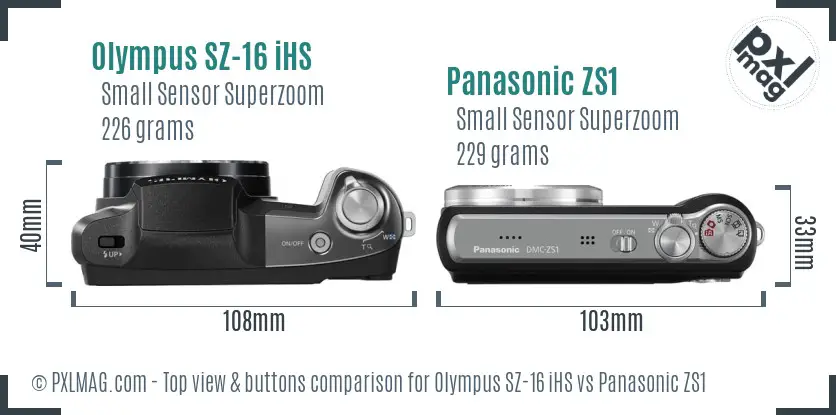 Olympus SZ-16 iHS vs Panasonic ZS1 top view buttons comparison