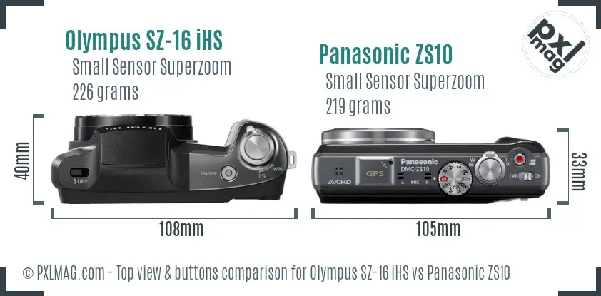 Olympus SZ-16 iHS vs Panasonic ZS10 top view buttons comparison