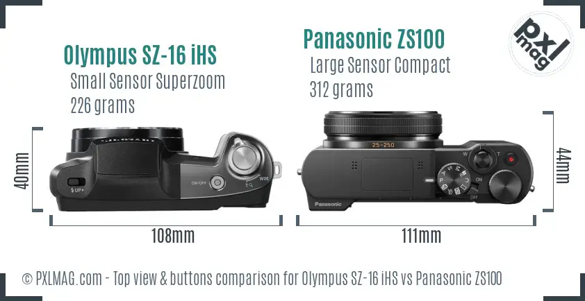 Olympus SZ-16 iHS vs Panasonic ZS100 top view buttons comparison