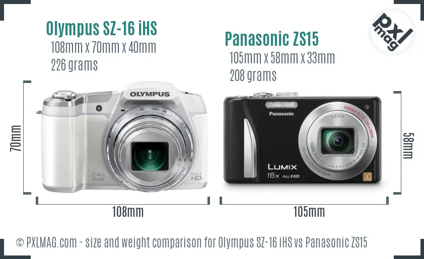 Olympus SZ-16 iHS vs Panasonic ZS15 size comparison