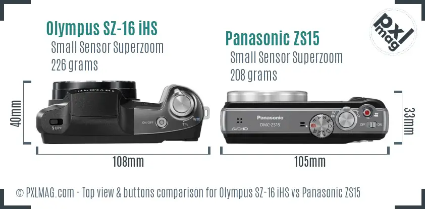 Olympus SZ-16 iHS vs Panasonic ZS15 top view buttons comparison