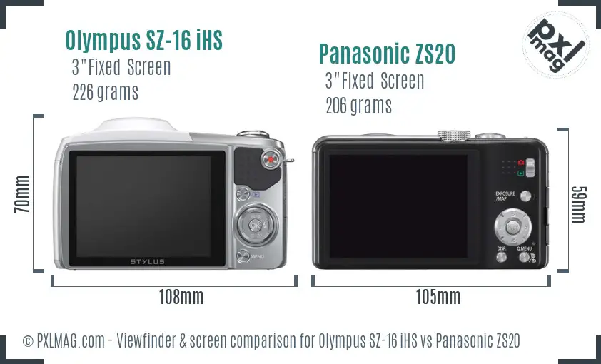 Olympus SZ-16 iHS vs Panasonic ZS20 Screen and Viewfinder comparison