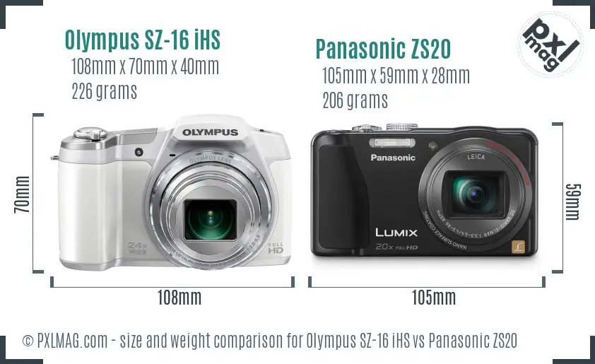 Olympus SZ-16 iHS vs Panasonic ZS20 size comparison