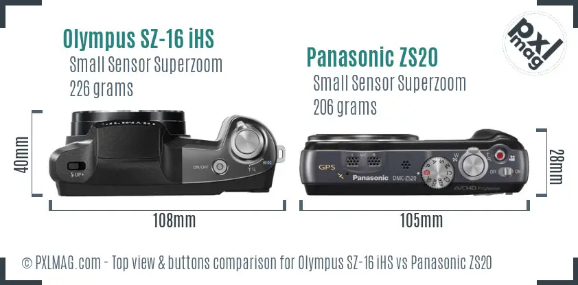 Olympus SZ-16 iHS vs Panasonic ZS20 top view buttons comparison