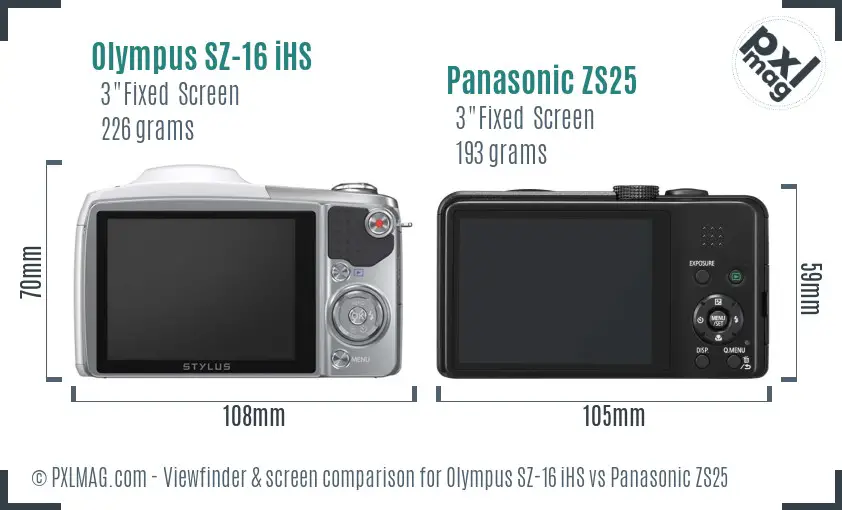 Olympus SZ-16 iHS vs Panasonic ZS25 Screen and Viewfinder comparison