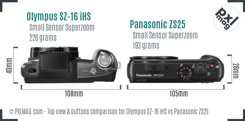 Olympus SZ-16 iHS vs Panasonic ZS25 top view buttons comparison