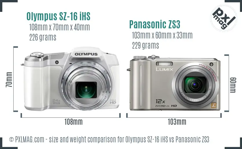 Olympus SZ-16 iHS vs Panasonic ZS3 size comparison