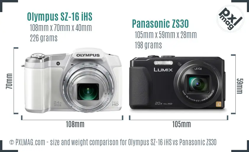 Olympus SZ-16 iHS vs Panasonic ZS30 size comparison