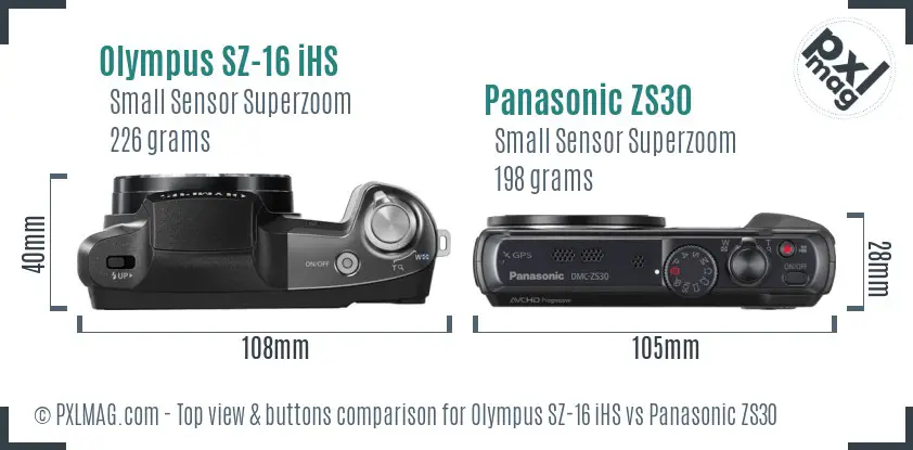 Olympus SZ-16 iHS vs Panasonic ZS30 top view buttons comparison