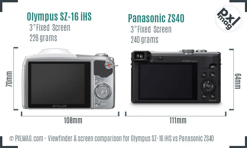 Olympus SZ-16 iHS vs Panasonic ZS40 Screen and Viewfinder comparison