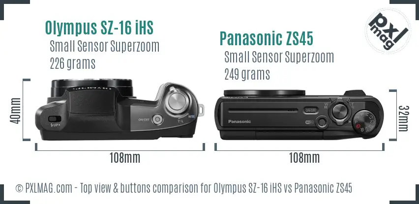 Olympus SZ-16 iHS vs Panasonic ZS45 top view buttons comparison