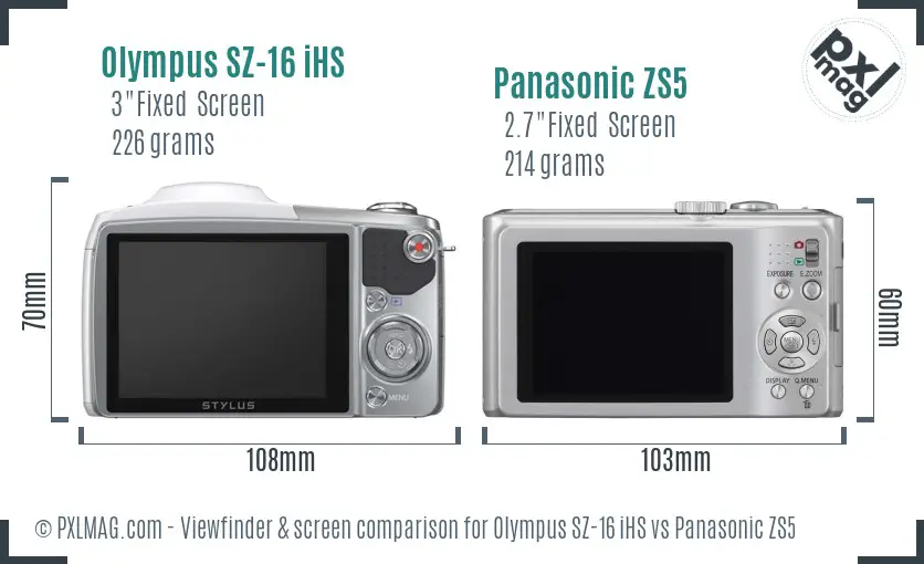 Olympus SZ-16 iHS vs Panasonic ZS5 Screen and Viewfinder comparison