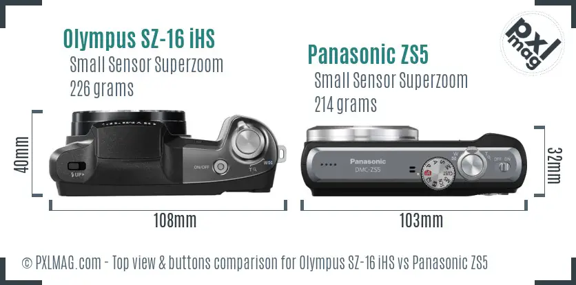 Olympus SZ-16 iHS vs Panasonic ZS5 top view buttons comparison