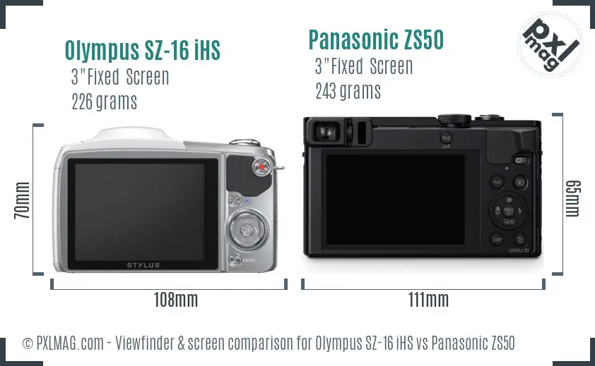 Olympus SZ-16 iHS vs Panasonic ZS50 Screen and Viewfinder comparison