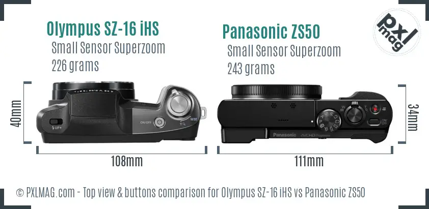 Olympus SZ-16 iHS vs Panasonic ZS50 top view buttons comparison