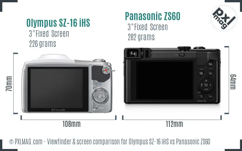 Olympus SZ-16 iHS vs Panasonic ZS60 Screen and Viewfinder comparison