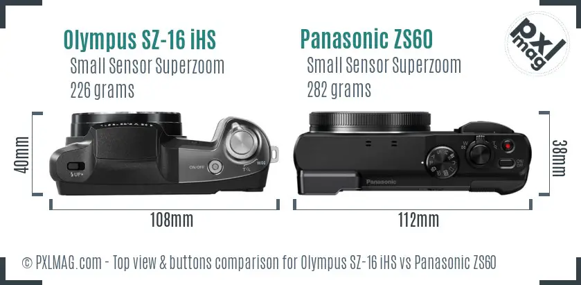 Olympus SZ-16 iHS vs Panasonic ZS60 top view buttons comparison