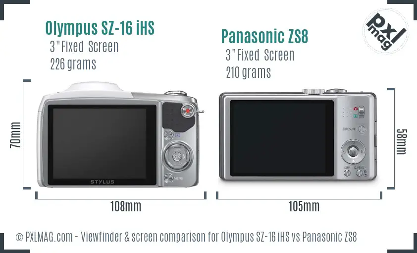 Olympus SZ-16 iHS vs Panasonic ZS8 Screen and Viewfinder comparison