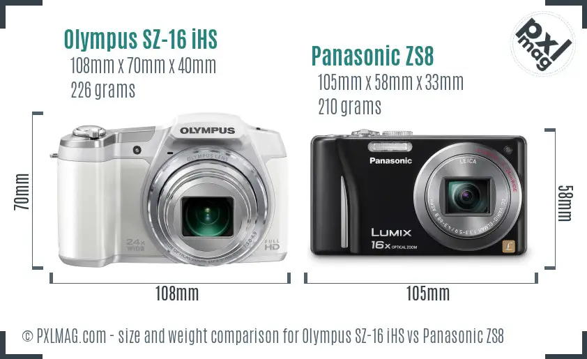 Olympus SZ-16 iHS vs Panasonic ZS8 size comparison