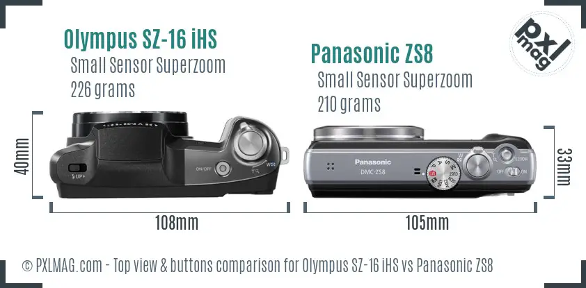 Olympus SZ-16 iHS vs Panasonic ZS8 top view buttons comparison