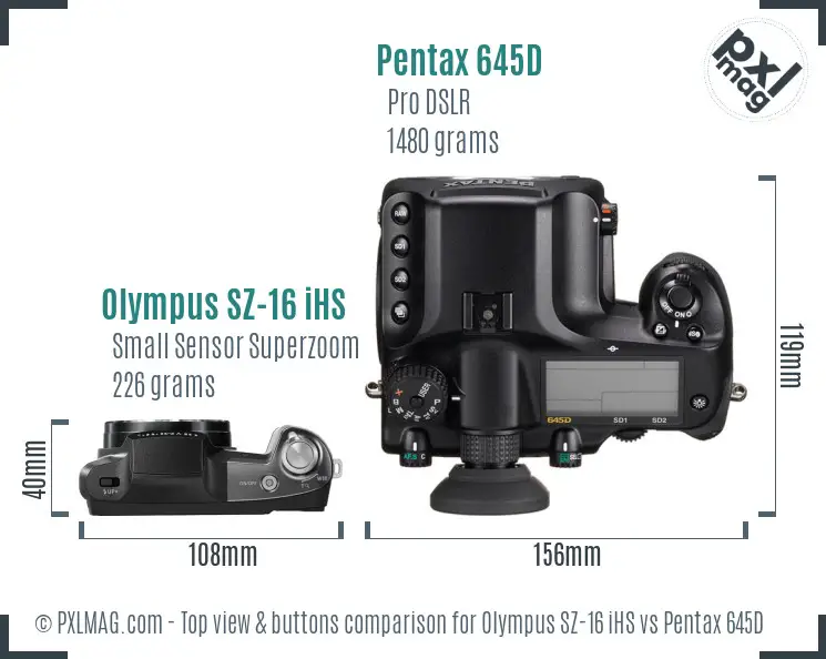 Olympus SZ-16 iHS vs Pentax 645D top view buttons comparison