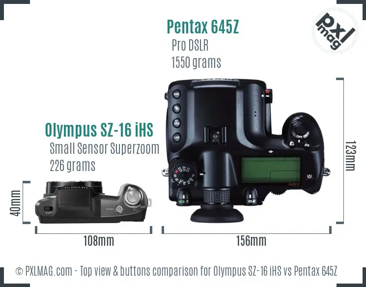 Olympus SZ-16 iHS vs Pentax 645Z top view buttons comparison