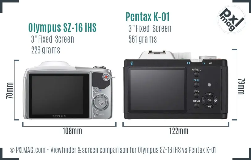 Olympus SZ-16 iHS vs Pentax K-01 Screen and Viewfinder comparison