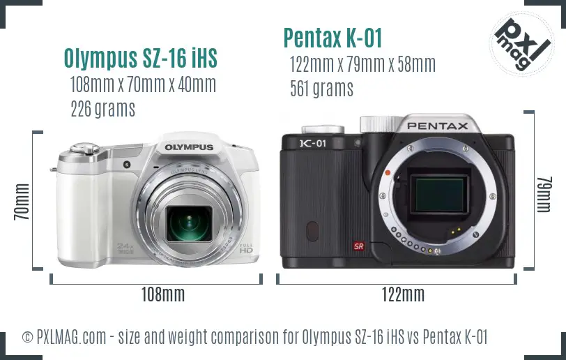 Olympus SZ-16 iHS vs Pentax K-01 size comparison