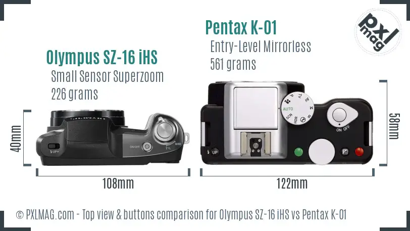 Olympus SZ-16 iHS vs Pentax K-01 top view buttons comparison