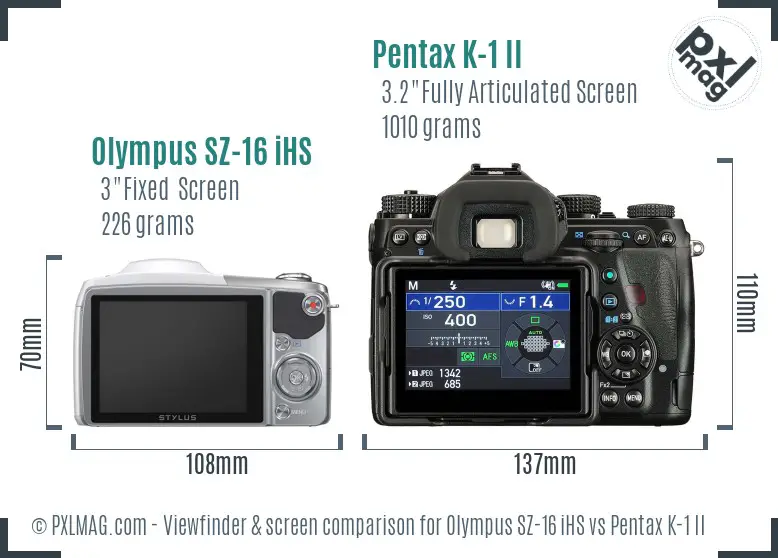 Olympus SZ-16 iHS vs Pentax K-1 II Screen and Viewfinder comparison