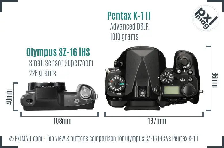 Olympus SZ-16 iHS vs Pentax K-1 II top view buttons comparison