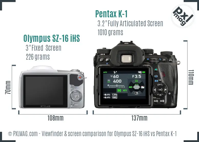 Olympus SZ-16 iHS vs Pentax K-1 Screen and Viewfinder comparison