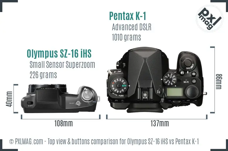 Olympus SZ-16 iHS vs Pentax K-1 top view buttons comparison